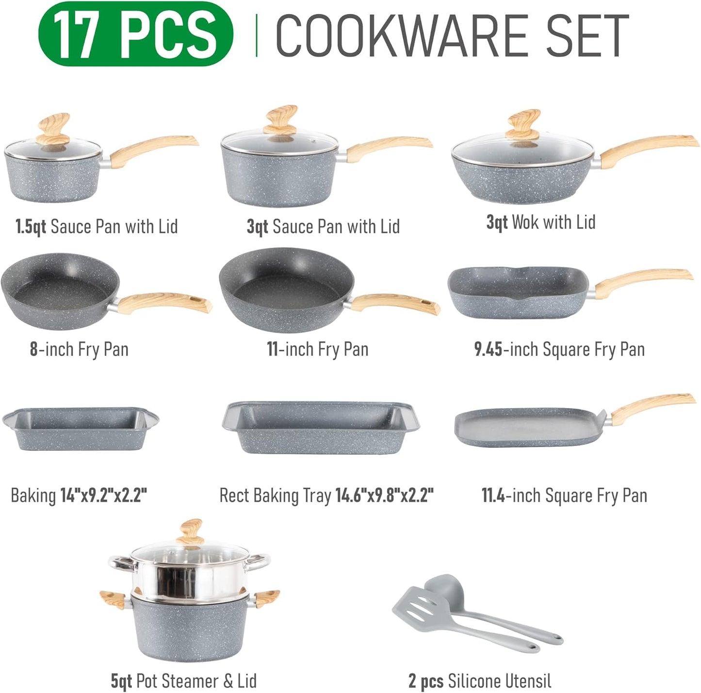 17 Piece Non Stick Pots and Pans Set with Granite Stone Coating for Induction Cooktops in Grey - MAISON ARTS