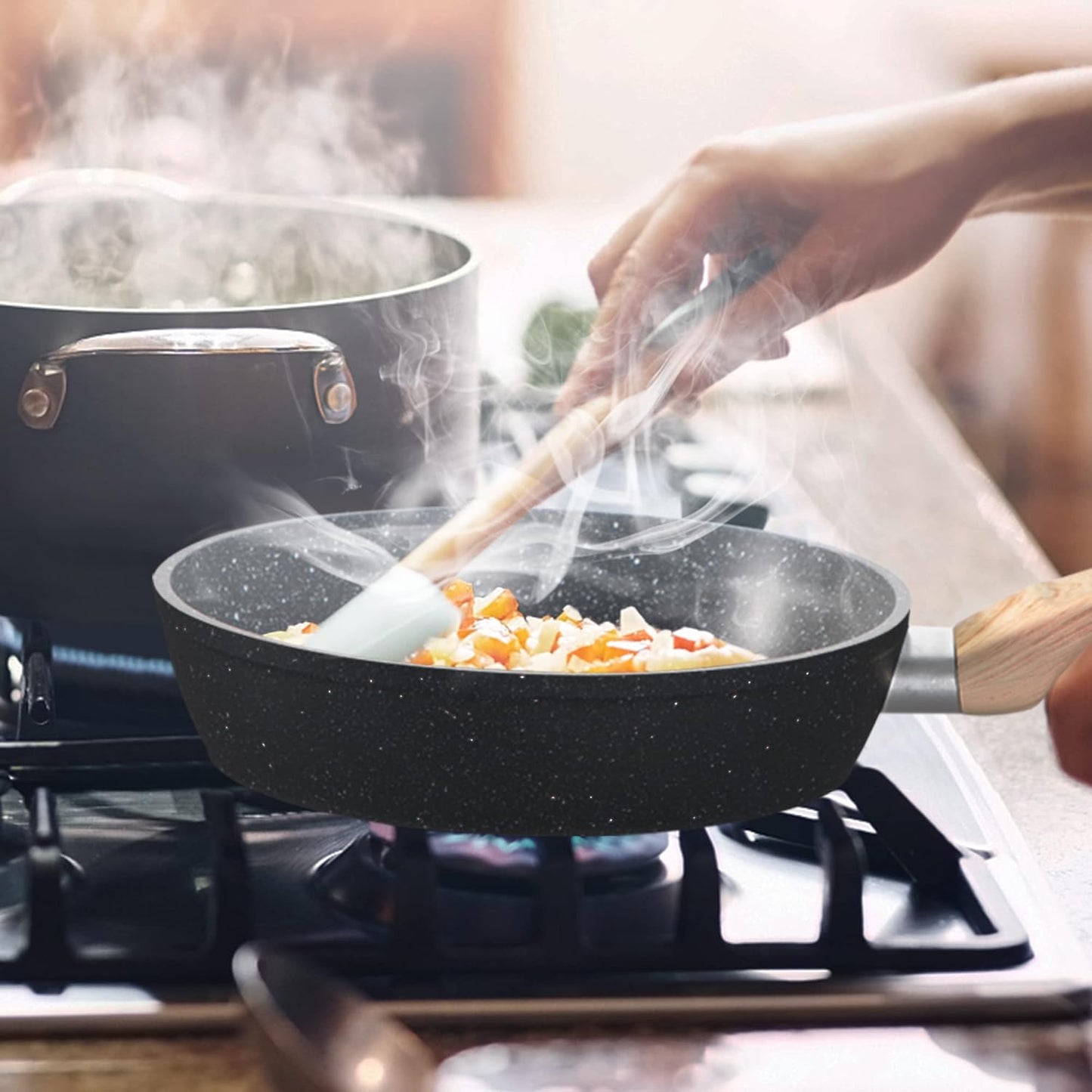 17 Piece Non Stick Pots and Pans Set with Granite Stone Coating for Induction Cooktops in Grey - MAISON ARTS