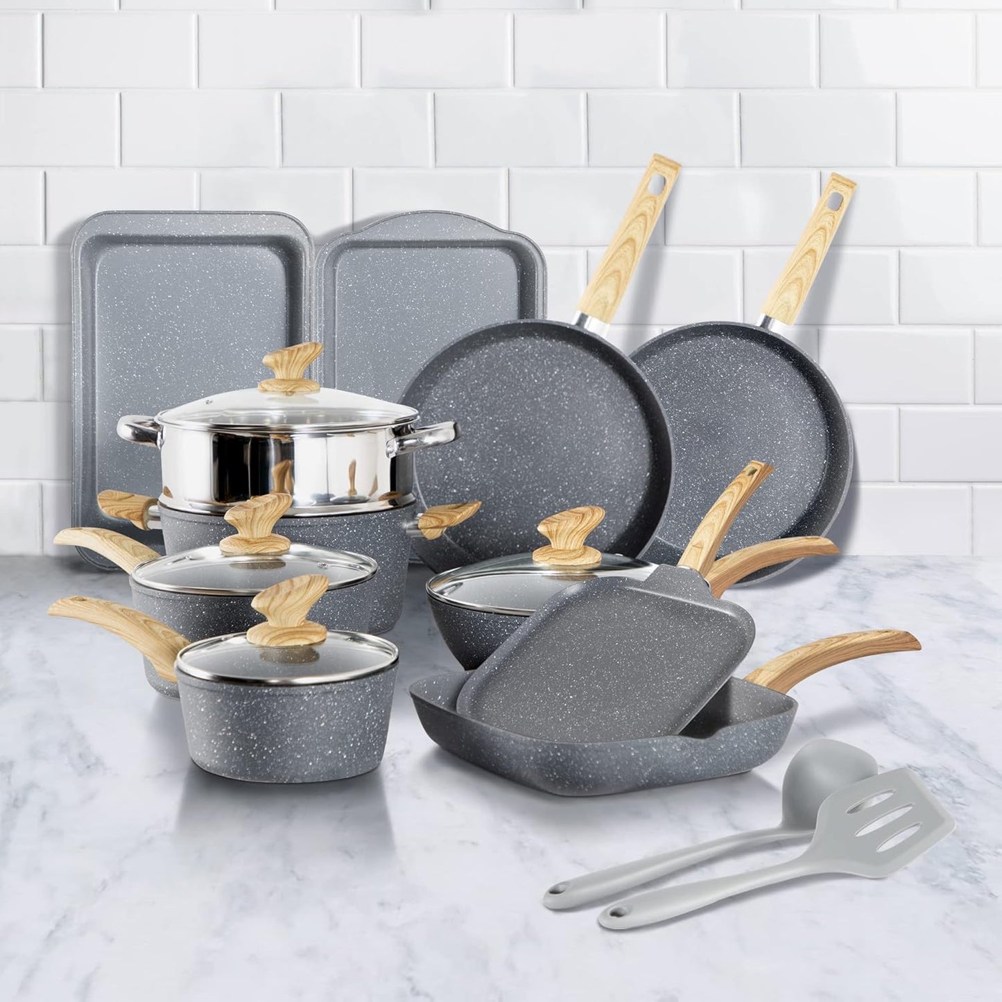 17 Piece Non Stick Pots and Pans Set with Granite Stone Coating for Induction Cooktops in Grey - MAISON ARTS