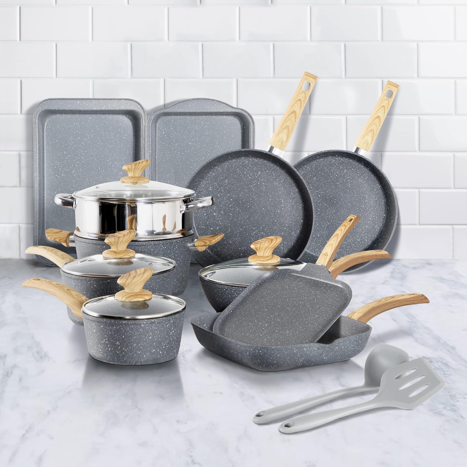 17 Piece Non Stick Pots and Pans Set with Granite Stone Coating for Induction Cooktops in Grey - MAISON ARTS