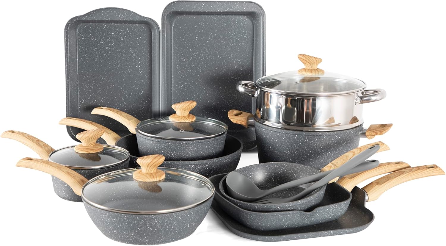 17 Piece Non Stick Pots and Pans Set with Granite Stone Coating for Induction Cooktops in Grey - MAISON ARTS