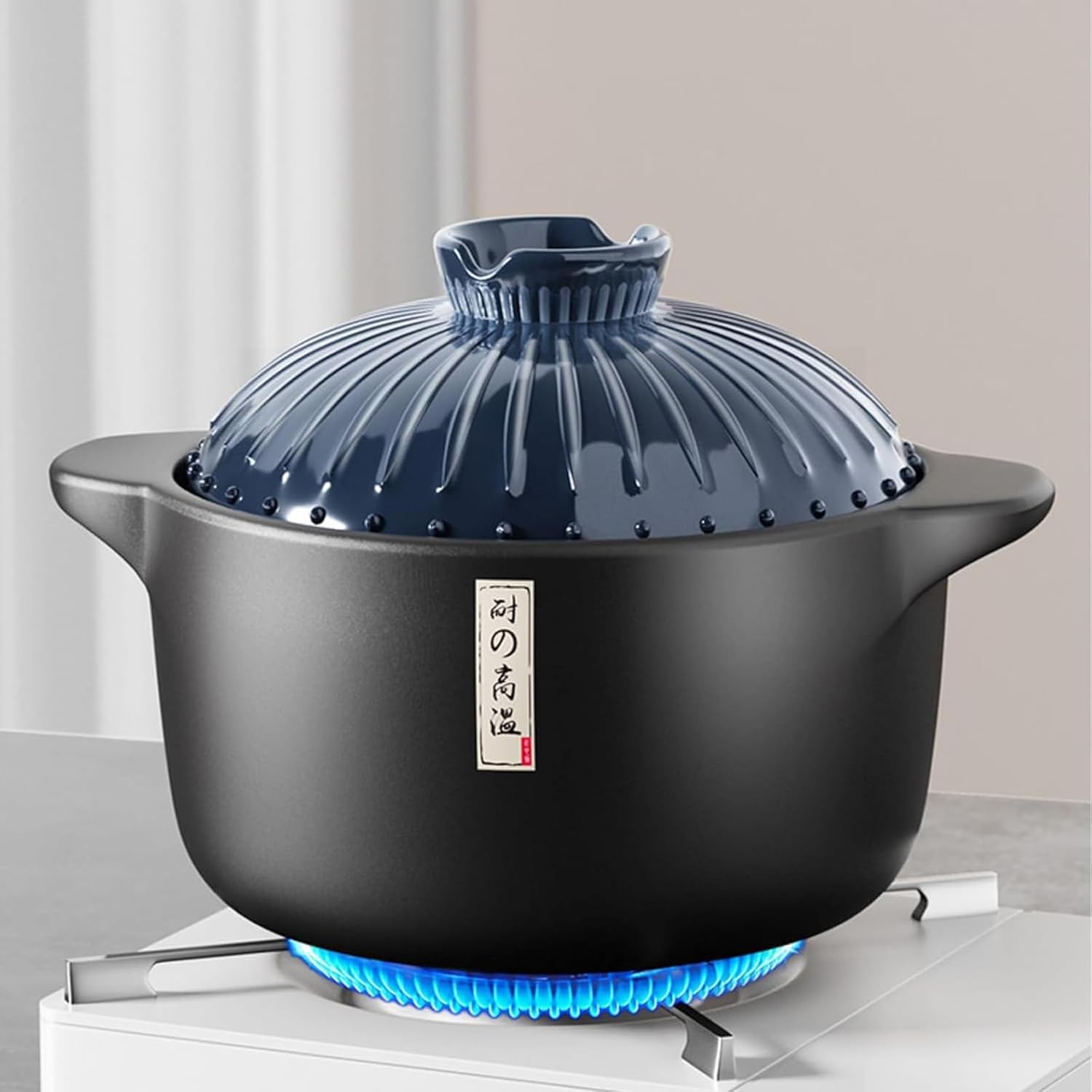 1.7 Quart Japanese Ceramic Soup Pot with Heat-Resistant Lid - Stovetop Cookware for Easy Cleaning - Blue Clay Pot for Cooking