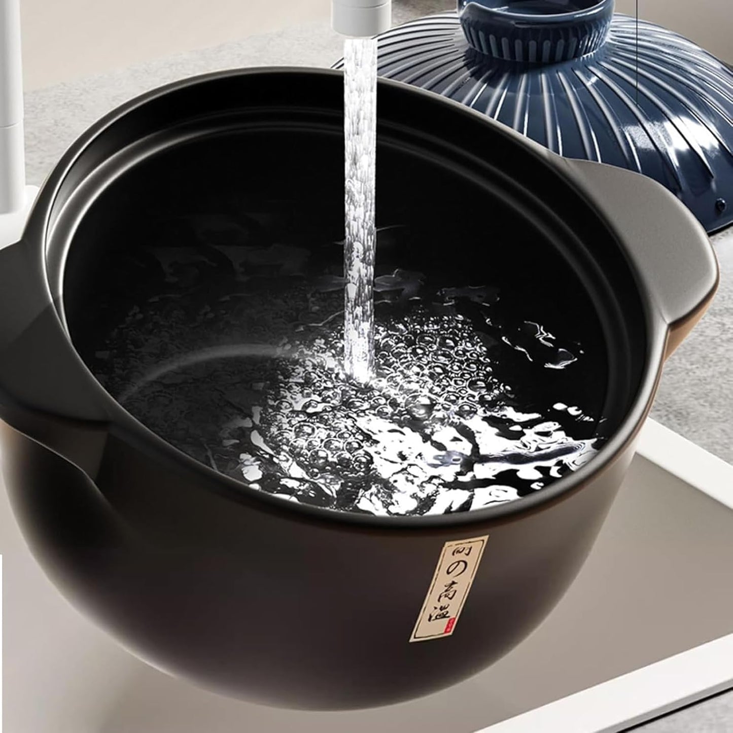 1.7 Quart Japanese Ceramic Soup Pot with Heat-Resistant Lid - Stovetop Cookware for Easy Cleaning - Blue Clay Pot for Cooking
