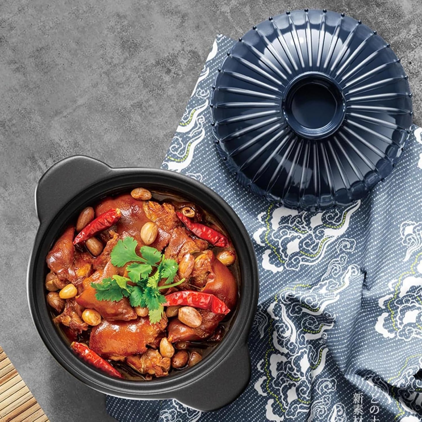 1.7 Quart Japanese Ceramic Soup Pot with Heat-Resistant Lid - Stovetop Cookware for Easy Cleaning - Blue Clay Pot for Cooking