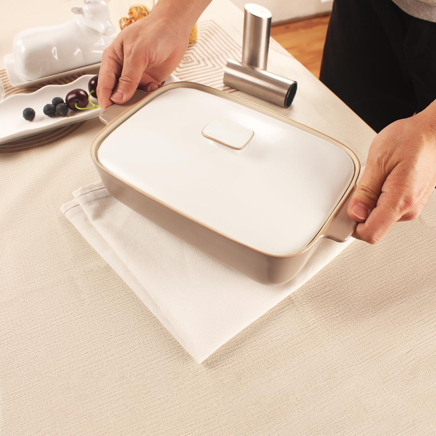 1.7 Quart Stoneware Casserole Dish Set with Lids - Microwave, Oven, and Dishwasher Safe