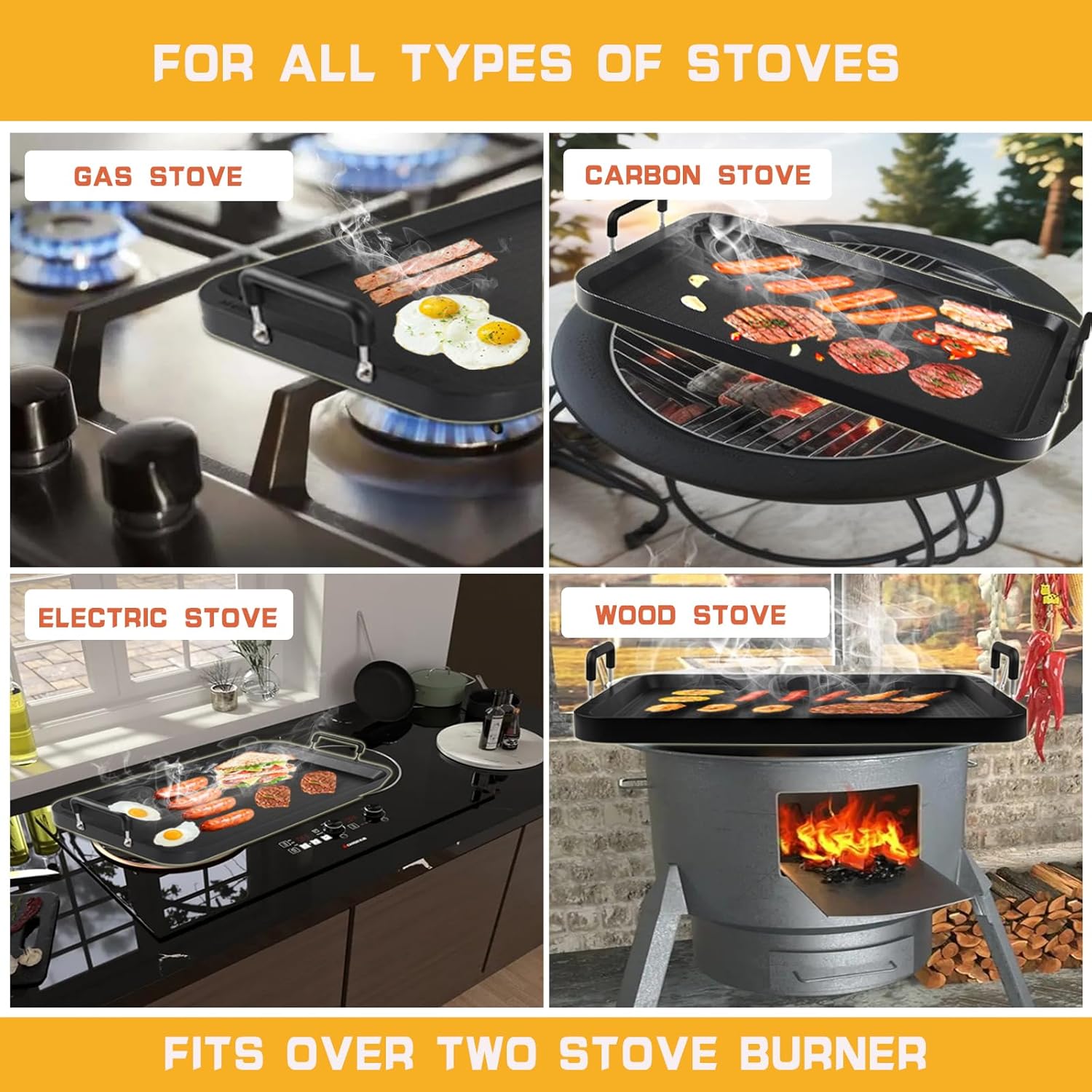 17" x 10.5" CukAid Non-Stick Aluminum Double Burner Griddle for Glass and Gas Stove, Warp-Resistant Flat Griddle for Breakfast and Camping, Indoor/Outdoor Use