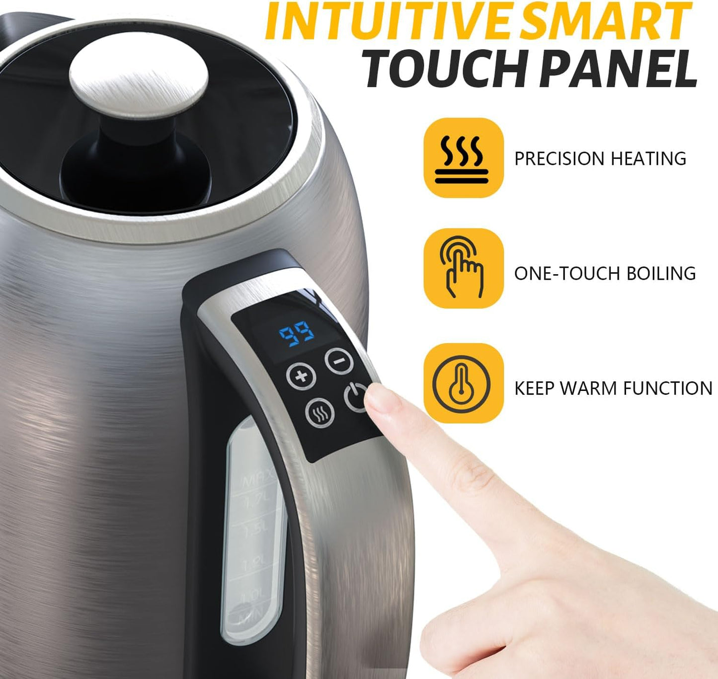 1.7L BOHOME Electric Kettle - 1500W Stainless Steel Hot Water Kettle for Coffee & Tea - Digital Touch Panel, Keep Warm, Auto Shutoff, BPA-Free - Black