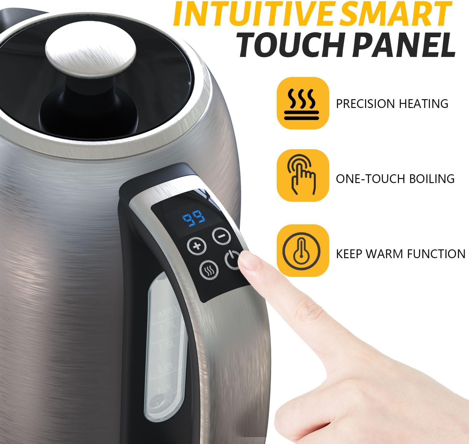 1.7L BOHOME Electric Kettle - 1500W Stainless Steel Hot Water Kettle for Coffee & Tea - Digital Touch Panel, Keep Warm, Auto Shutoff, BPA-Free - Black