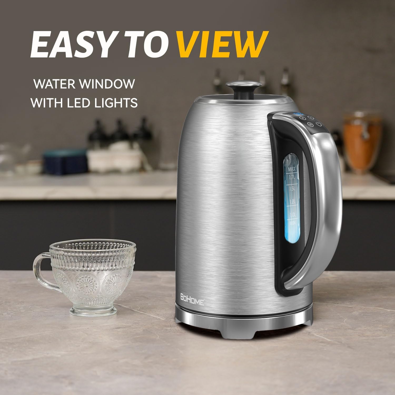 1.7L BOHOME Electric Kettle - 1500W Stainless Steel Hot Water Kettle for Coffee & Tea - Digital Touch Panel, Keep Warm, Auto Shutoff, BPA-Free - Black