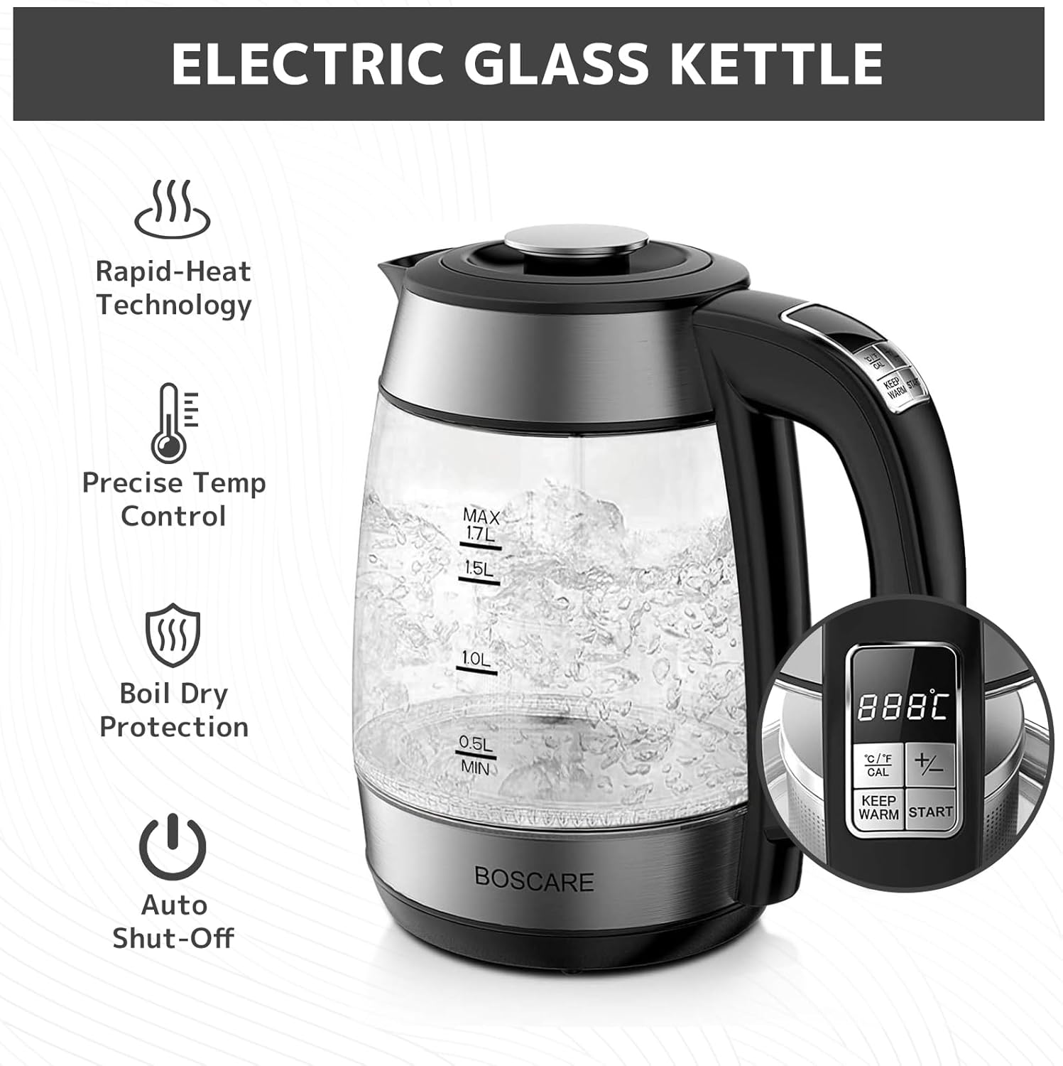 1.7L Electric Glass Kettle with 1500W Fast Boiling & Tea Infuser