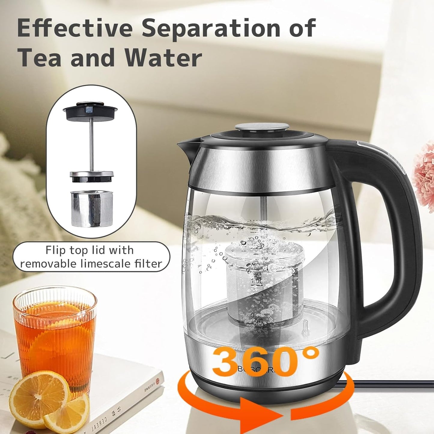 1.7L Electric Glass Kettle with 1500W Fast Boiling & Tea Infuser
