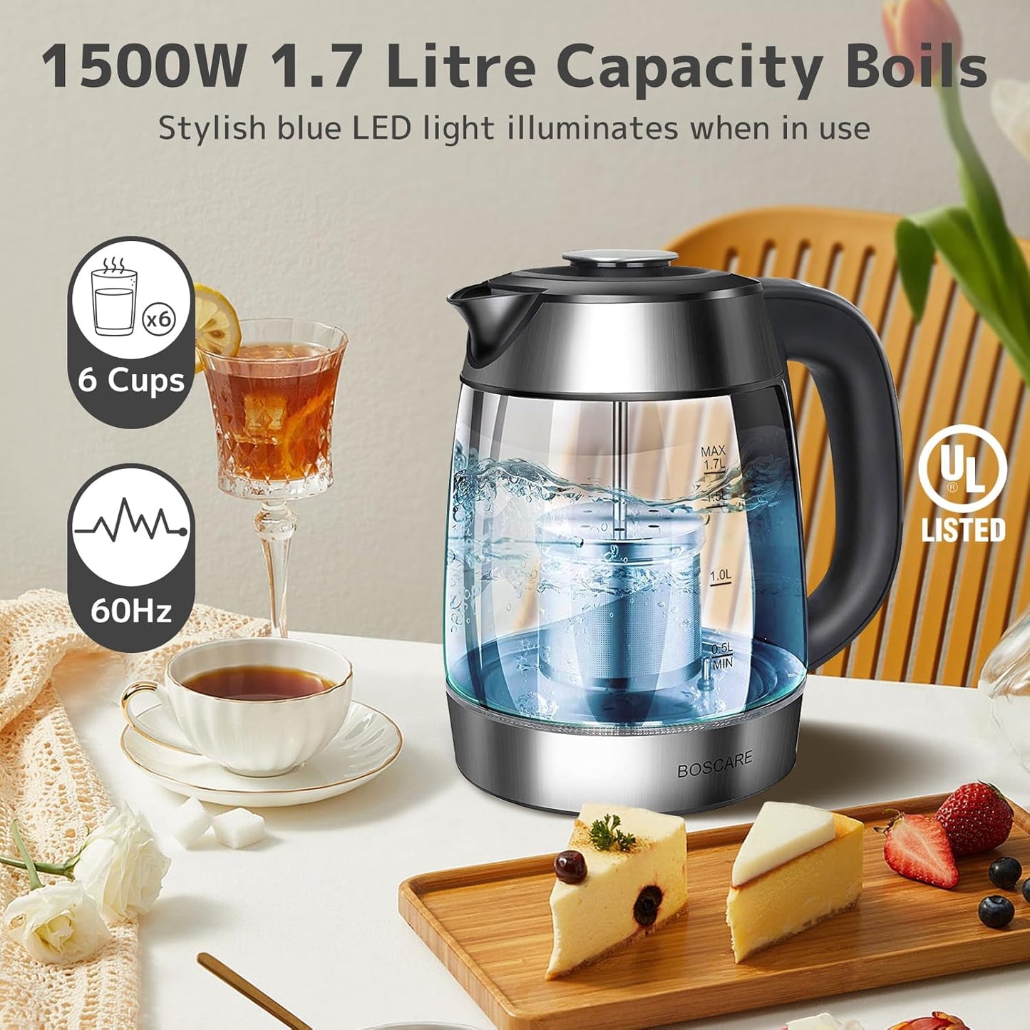 1.7L Electric Glass Kettle with 1500W Fast Boiling & Tea Infuser