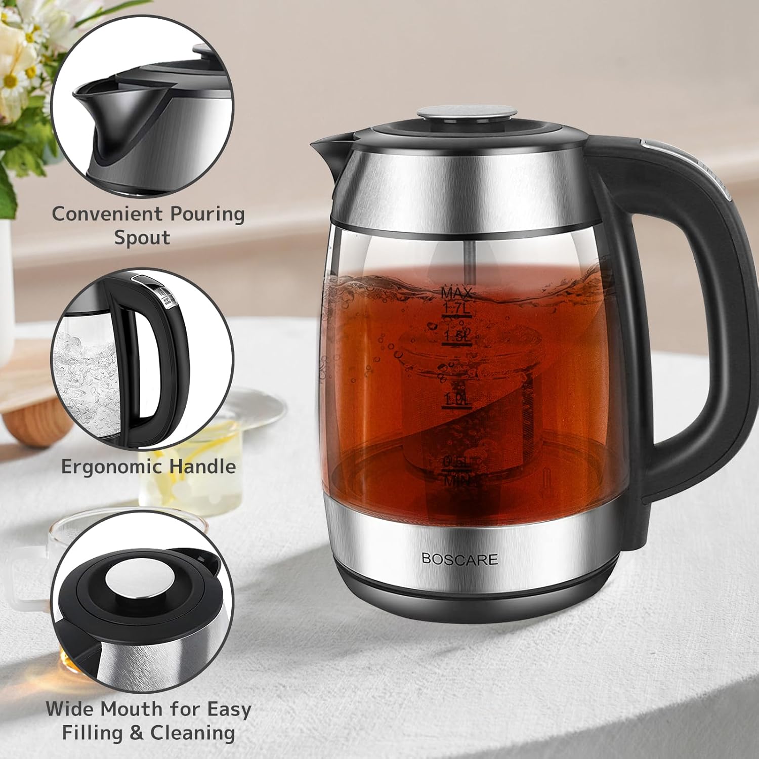 1.7L Electric Glass Kettle with 1500W Fast Boiling & Tea Infuser