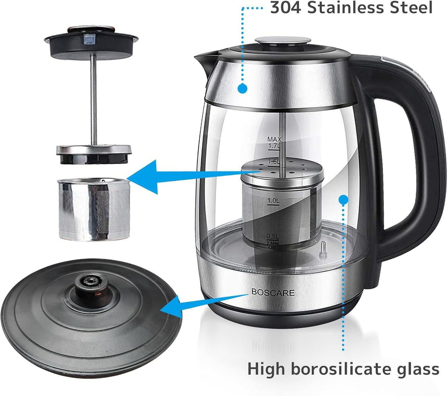 1.7L Electric Glass Kettle with 1500W Fast Boiling & Tea Infuser