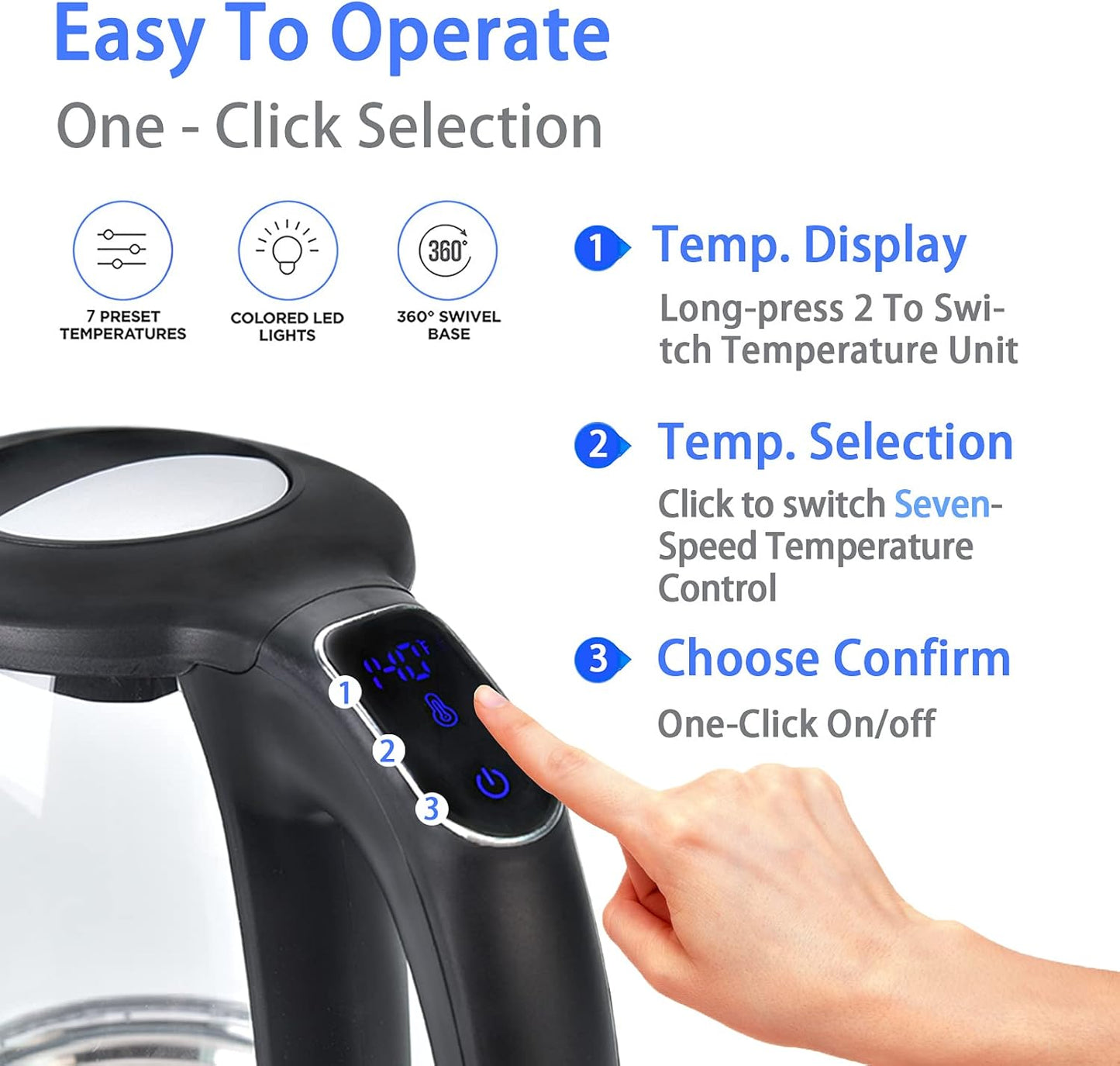 1.7L Electric Glass Kettle with Temperature Control - Fast Boiling Water Boiler, BPA Free, Auto Shut-off, LED Touch Screen, 2-Year Guarantee