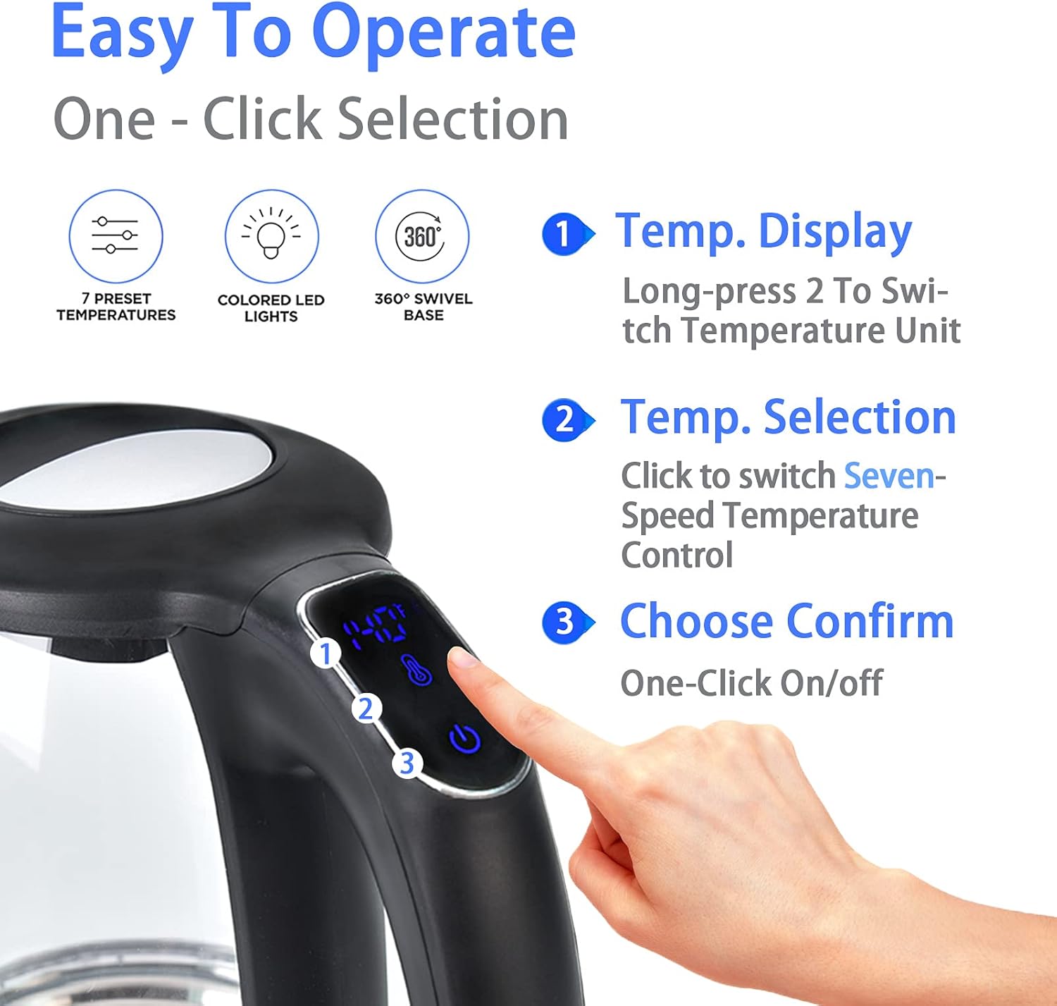 1.7L Electric Glass Kettle with Temperature Control - Fast Boiling Water Boiler, BPA Free, Auto Shut-off, LED Touch Screen, 2-Year Guarantee