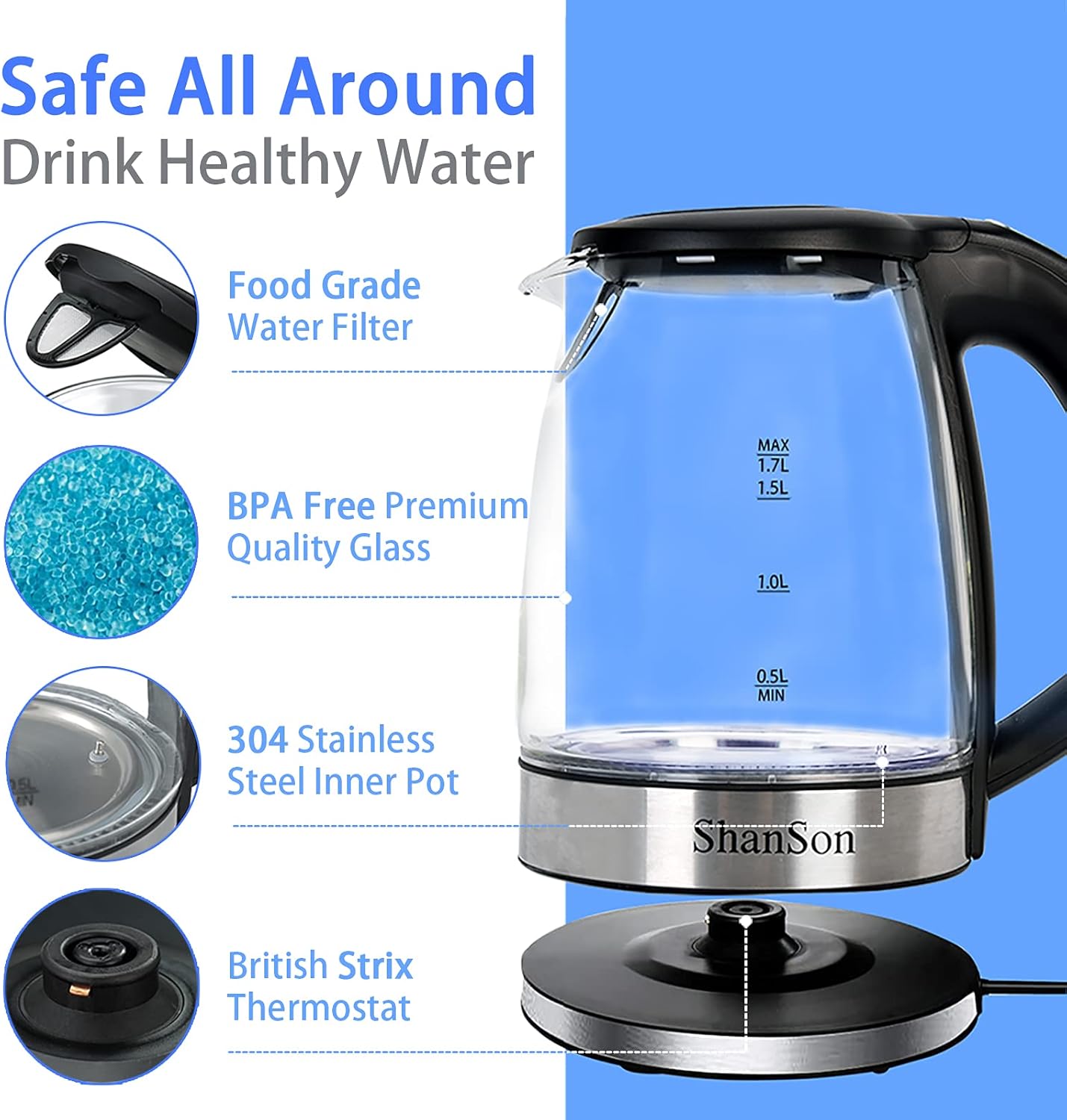 1.7L Electric Glass Kettle with Temperature Control - Fast Boiling Water Boiler, BPA Free, Auto Shut-off, LED Touch Screen, 2-Year Guarantee