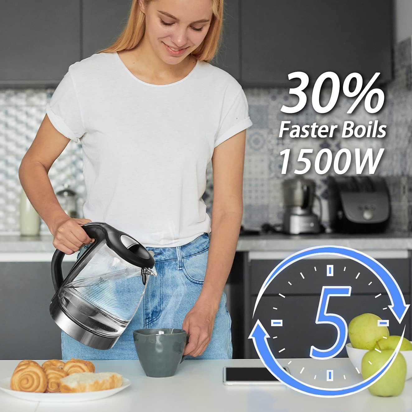 1.7L Electric Glass Kettle with Temperature Control - Fast Boiling Water Boiler, BPA Free, Auto Shut-off, LED Touch Screen, 2-Year Guarantee