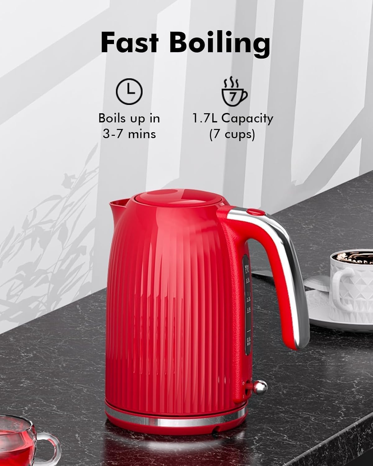 1.7L Electric Kettle with Quick Boil, 1500W, BPA-Free, Auto Shut Off, Boil Dry Protection, Easy Clean, Red