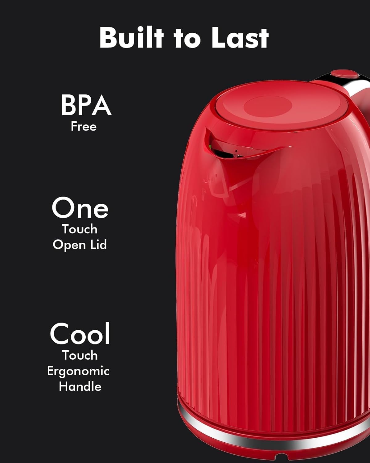 1.7L Electric Kettle with Quick Boil, 1500W, BPA-Free, Auto Shut Off, Boil Dry Protection, Easy Clean, Red