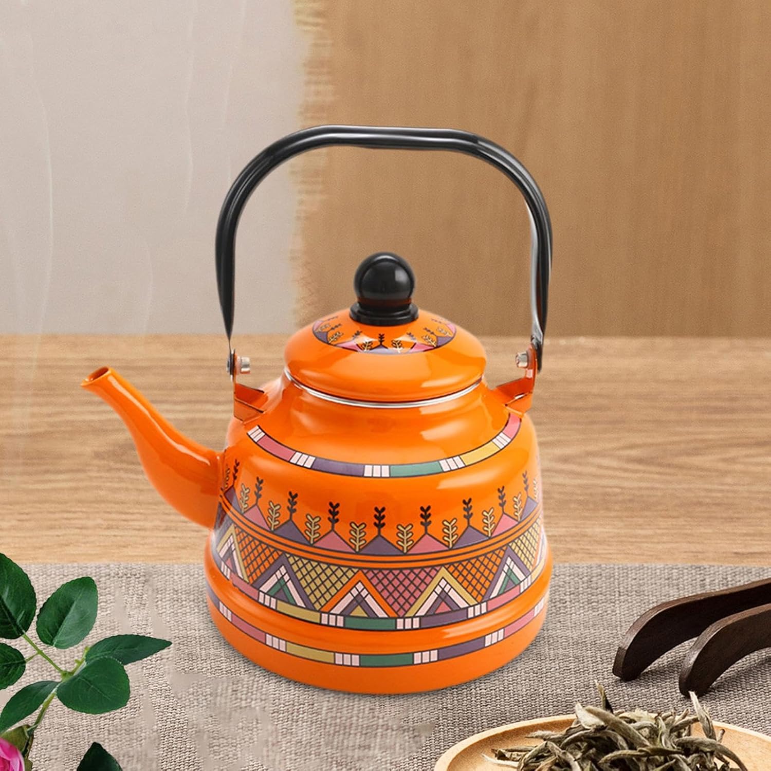 1.7L Enamel Tea Kettle Pot - Easy to Carry & Fill Water Jug for Kitchen Decor - Red/Orange Enamelware Boiling Pot for Home