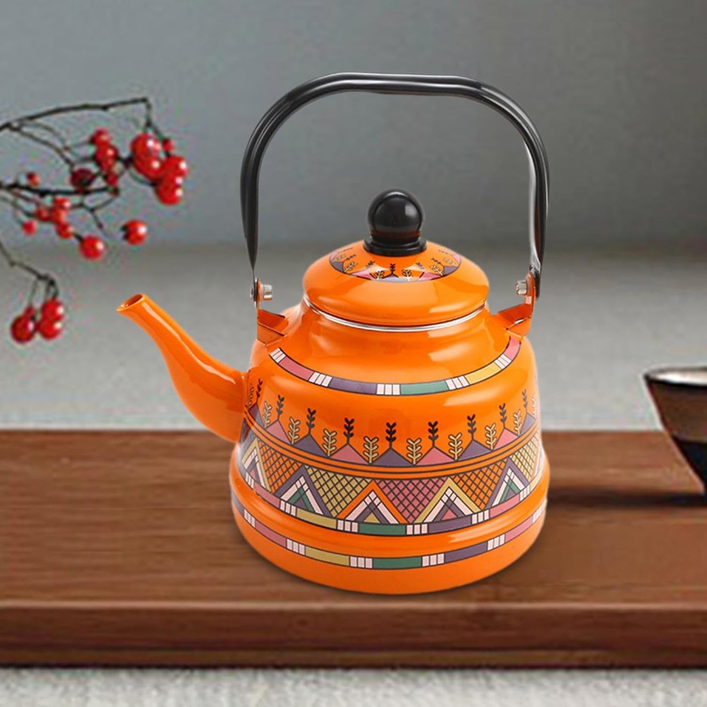 1.7L Enamel Tea Kettle Pot - Easy to Carry & Fill Water Jug for Kitchen Decor - Red/Orange Enamelware Boiling Pot for Home