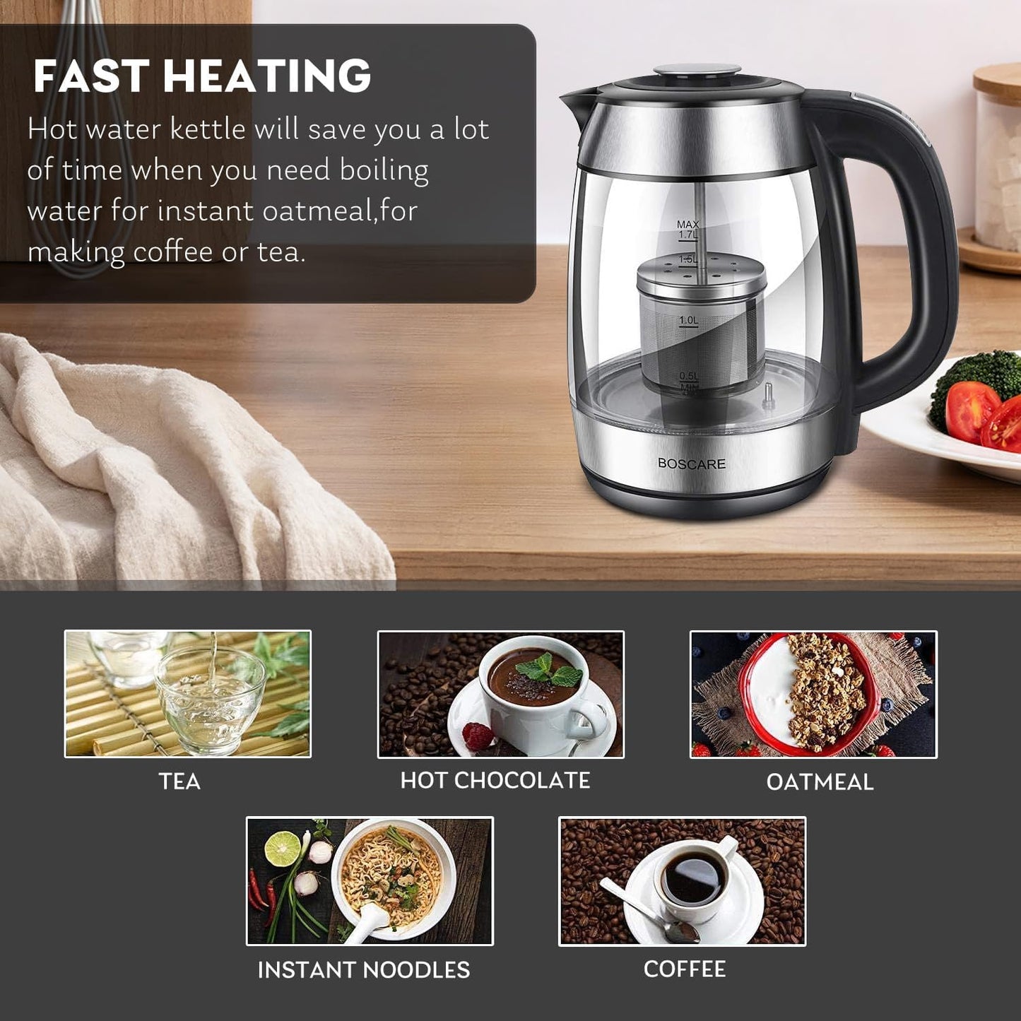 1.7L Fangflower Electric Glass Kettle with 1500W Fast Boiling and 5 Presets LED Lights