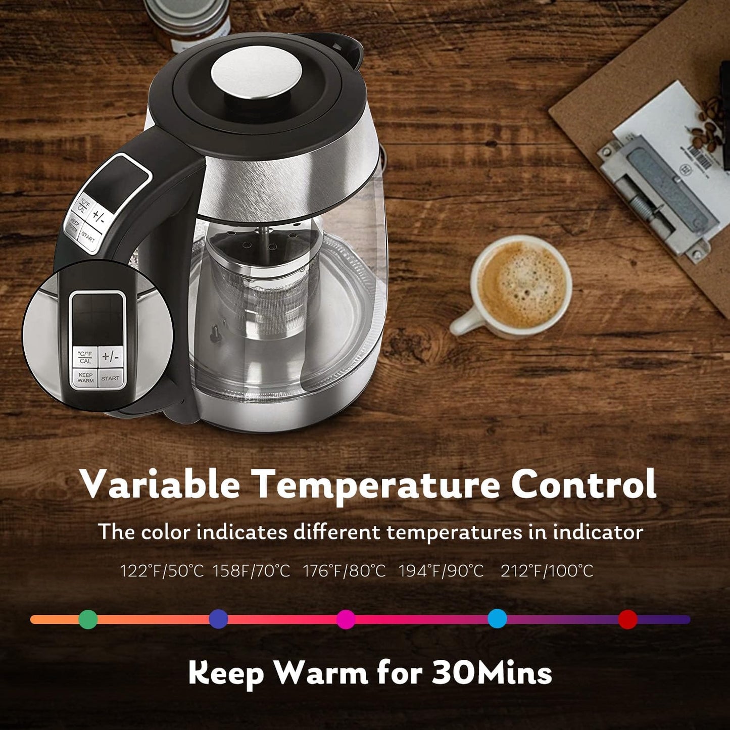 1.7L Fangflower Electric Glass Kettle with 1500W Fast Boiling and 5 Presets LED Lights