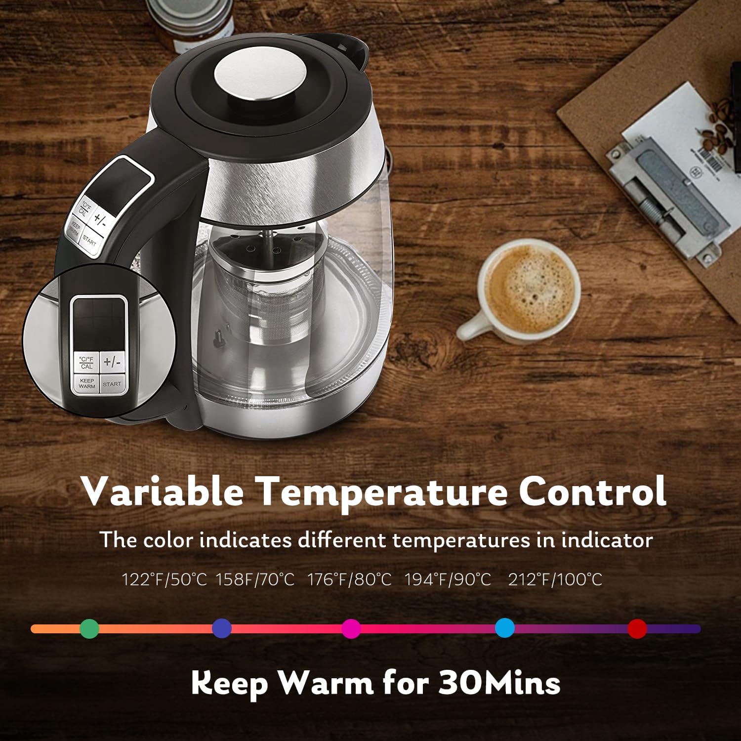 1.7L Fangflower Electric Glass Kettle with 1500W Fast Boiling and 5 Presets LED Lights