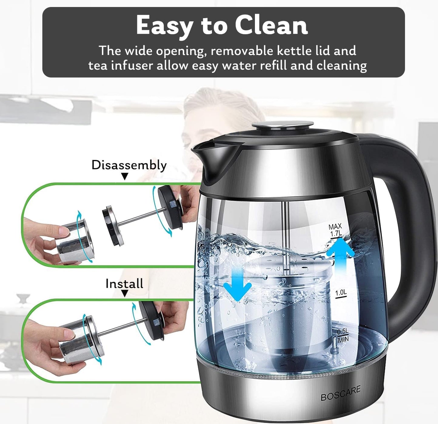 1.7L Fangflower Electric Glass Kettle with 1500W Fast Boiling and 5 Presets LED Lights