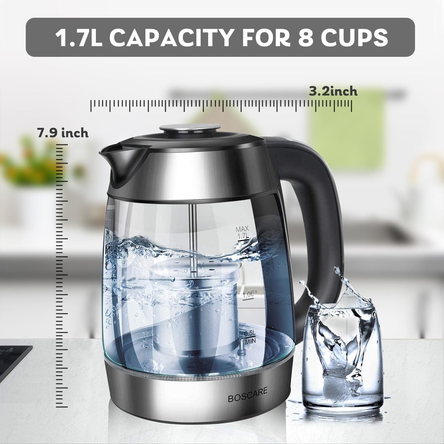 1.7L Fangflower Electric Glass Kettle with 1500W Fast Boiling and 5 Presets LED Lights