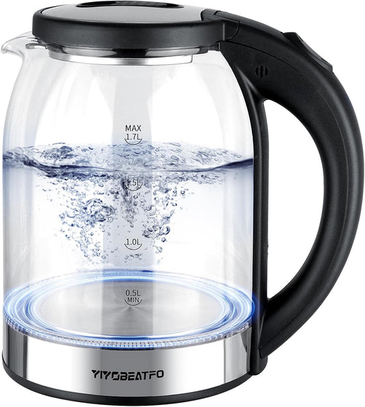 1.7L Glass Electric Kettle for Coffee & Tea, LED Light, Auto Shut-Off & Boil Dry Protection