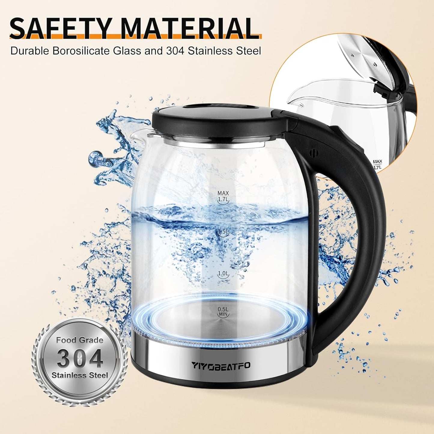1.7L Glass Electric Kettle for Coffee & Tea, LED Light, Auto Shut-Off & Boil Dry Protection