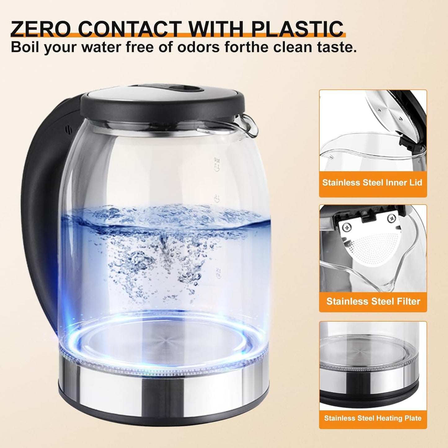 1.7L Glass Electric Kettle for Coffee & Tea, LED Light, Auto Shut-Off & Boil Dry Protection