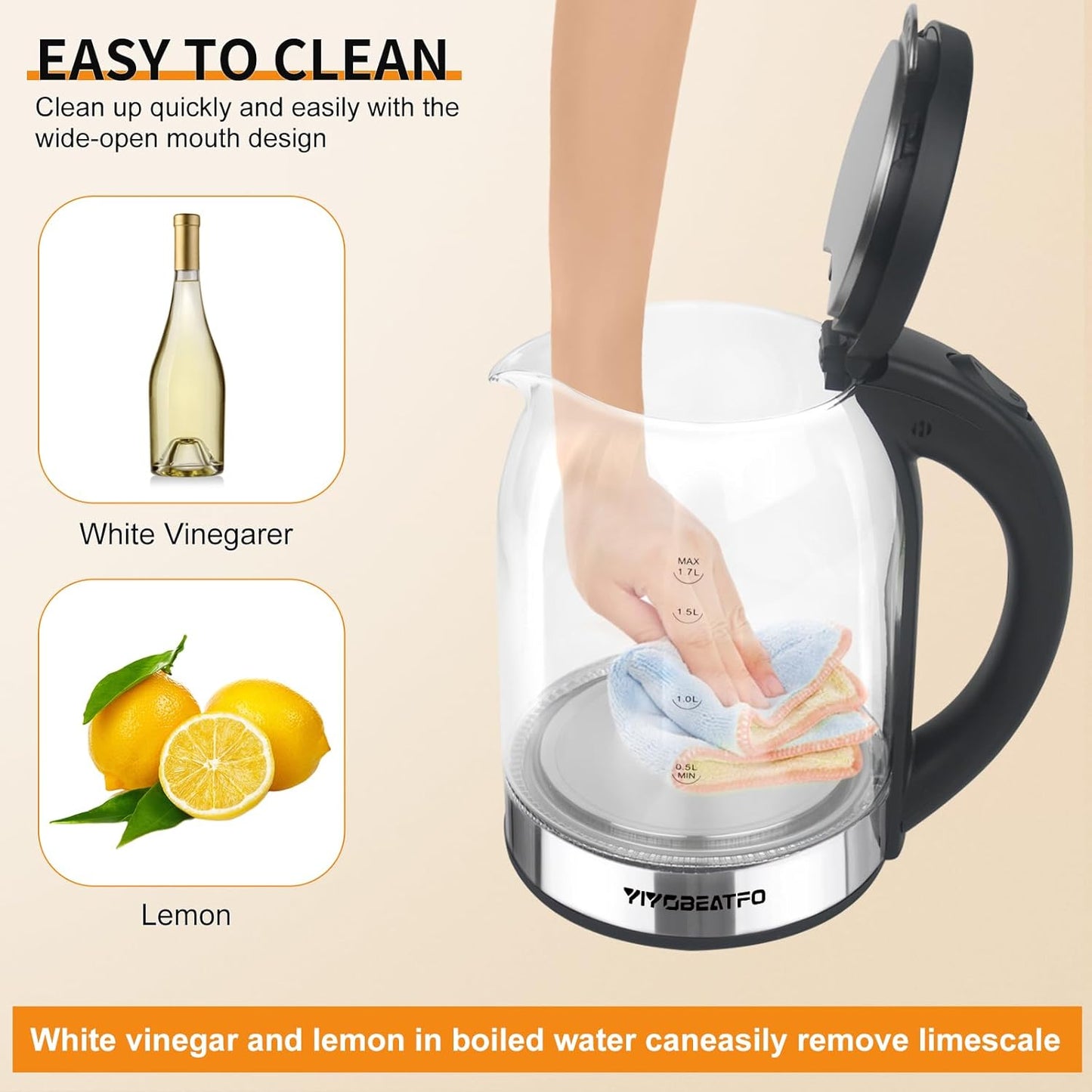 1.7L Glass Electric Kettle for Coffee & Tea, LED Light, Auto Shut-Off & Boil Dry Protection