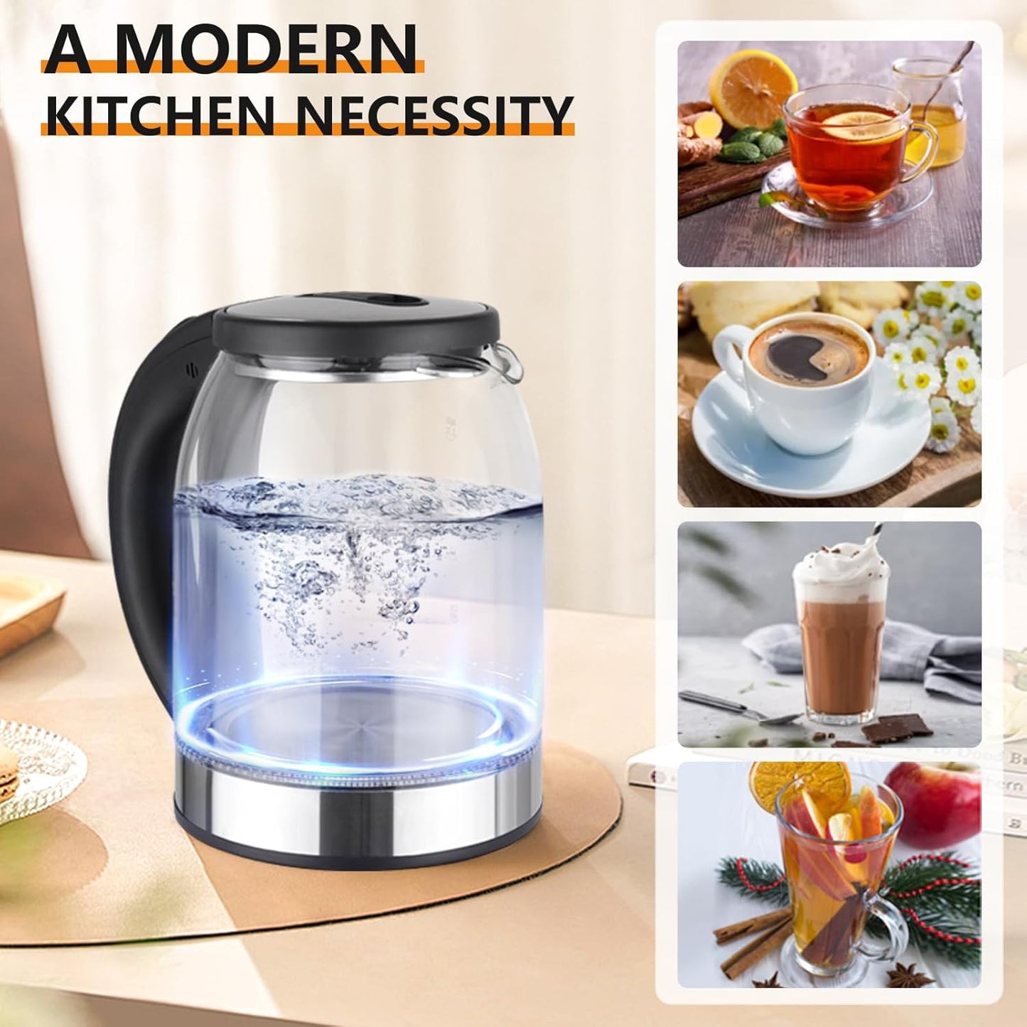 1.7L Glass Electric Kettle for Coffee & Tea, LED Light, Auto Shut-Off & Boil Dry Protection