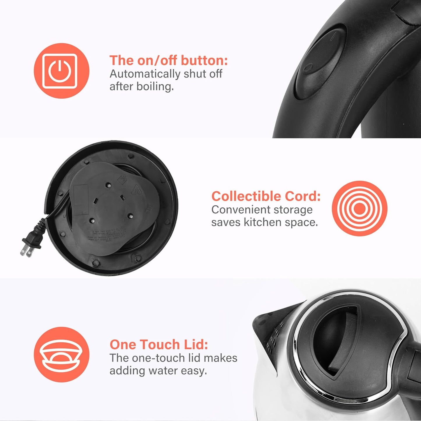 1.7L Stainless Steel Electric Tea Kettle with 360 Degree Rotational Base, Automatic Shut Off - Black Silver Electric Kettle