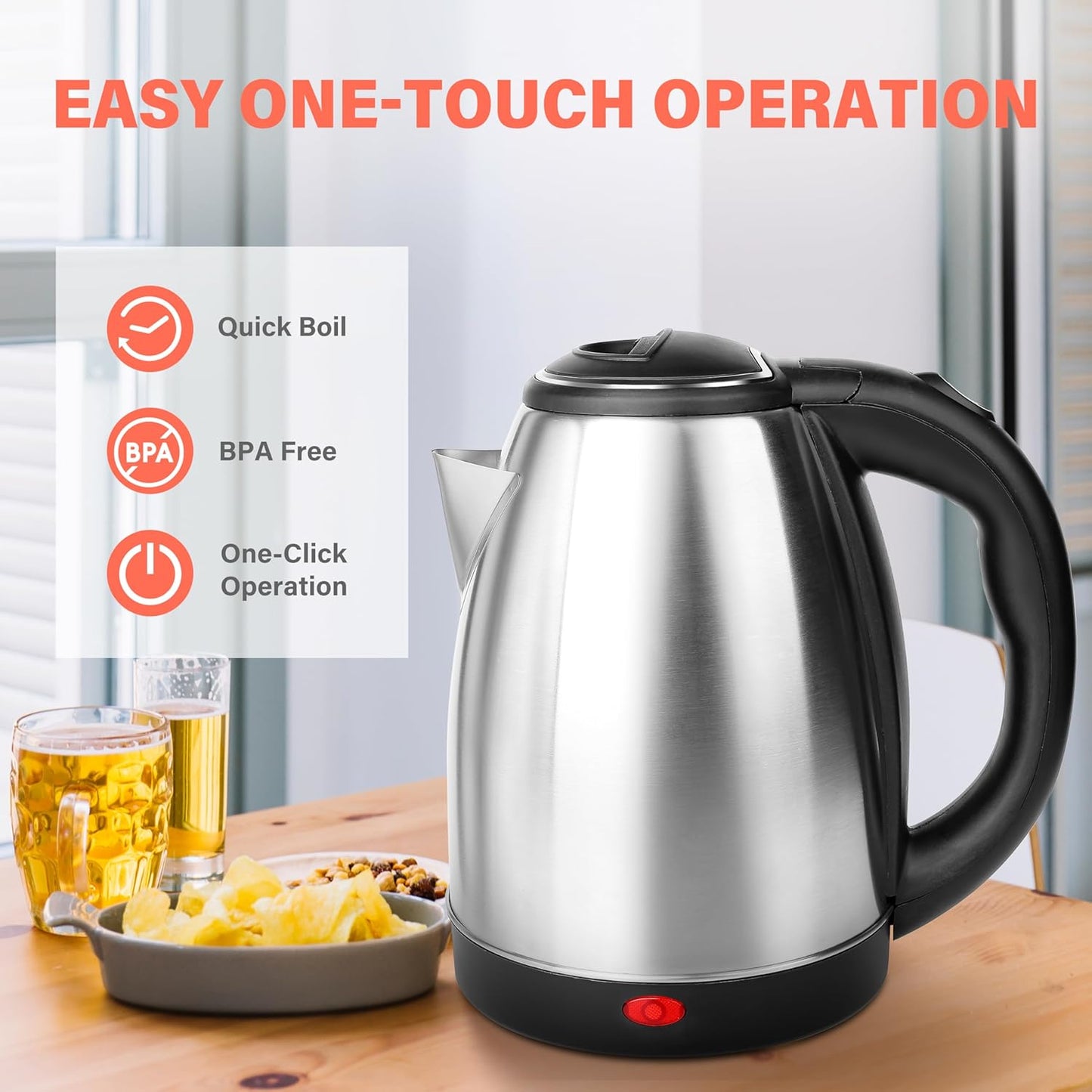 1.7L Stainless Steel Electric Tea Kettle with 360 Degree Rotational Base, Automatic Shut Off - Black Silver Electric Kettle