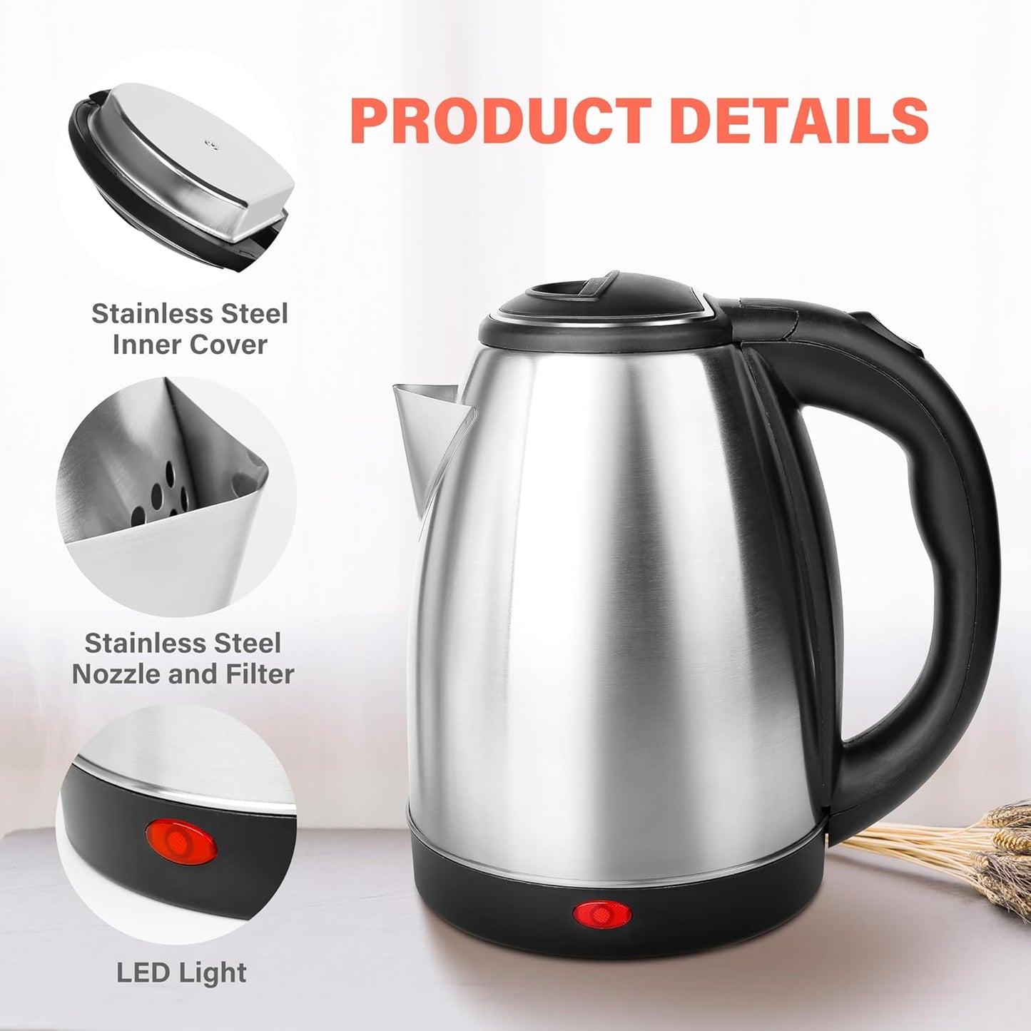 1.7L Stainless Steel Electric Tea Kettle with 360 Degree Rotational Base, Automatic Shut Off - Black Silver Electric Kettle