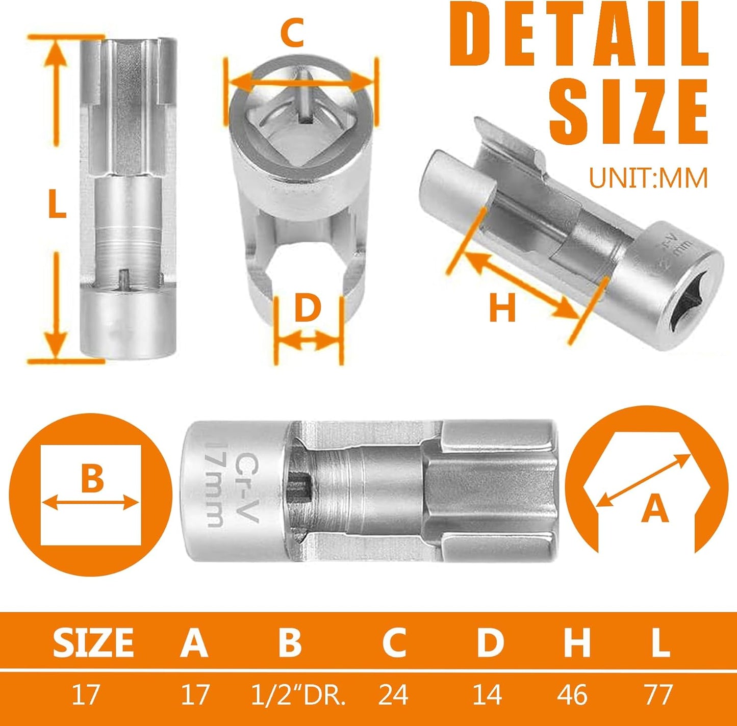 17MM Diesel Injector Fuel Line Socket Set for Difficult Access - Spanner for Temperature Sensors, ABS Tube, Coolant
