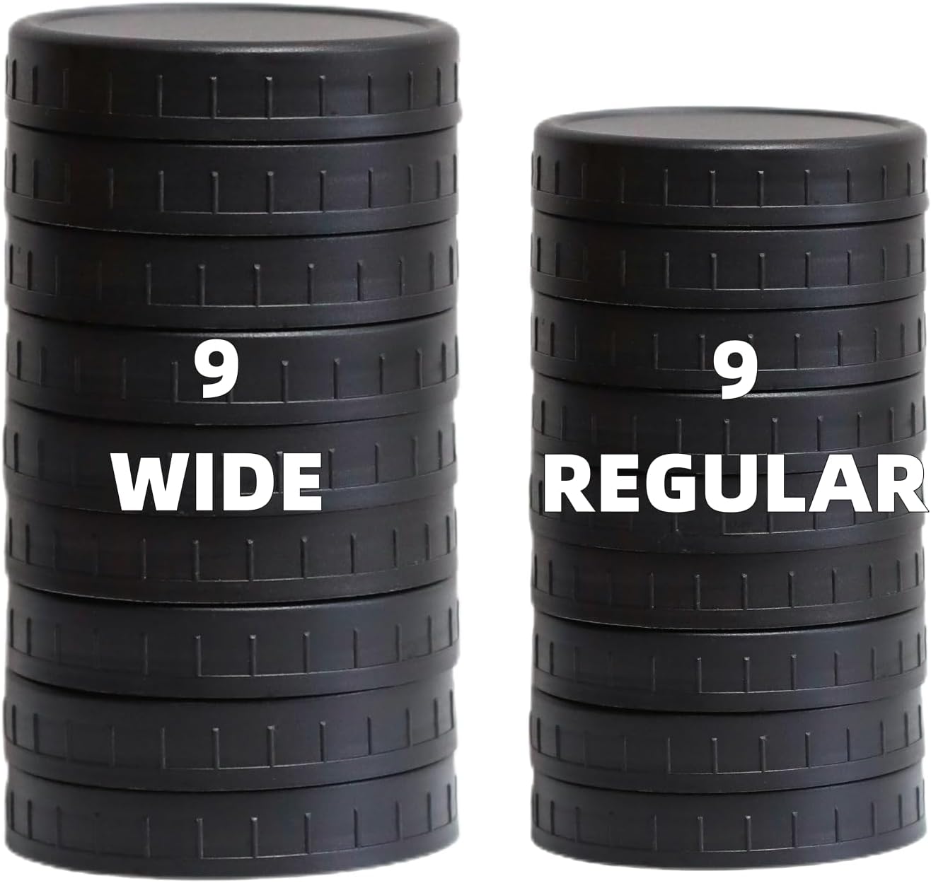 18 Black Mason Jar Lids Set - 9 Wide Mouth & 9 Regular Mouth, Leak-proof Plastic with Silicone Rings - Fits Ball, Kerr, 86mm & 70mm