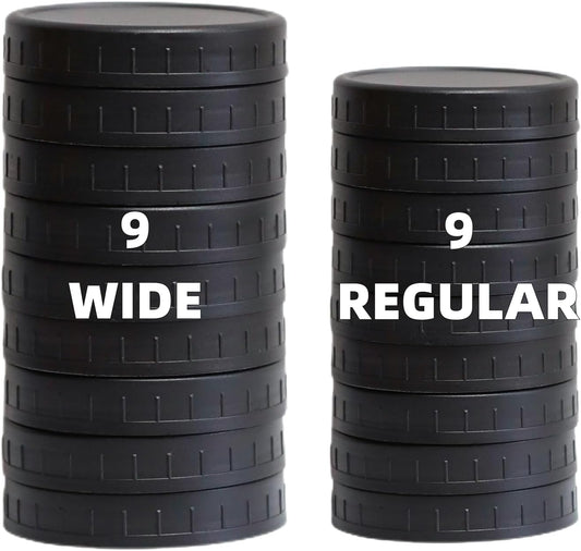 18 Black Mason Jar Lids Set - 9 Wide Mouth & 9 Regular Mouth, Leak-proof Plastic with Silicone Rings - Fits Ball, Kerr, 86mm & 70mm