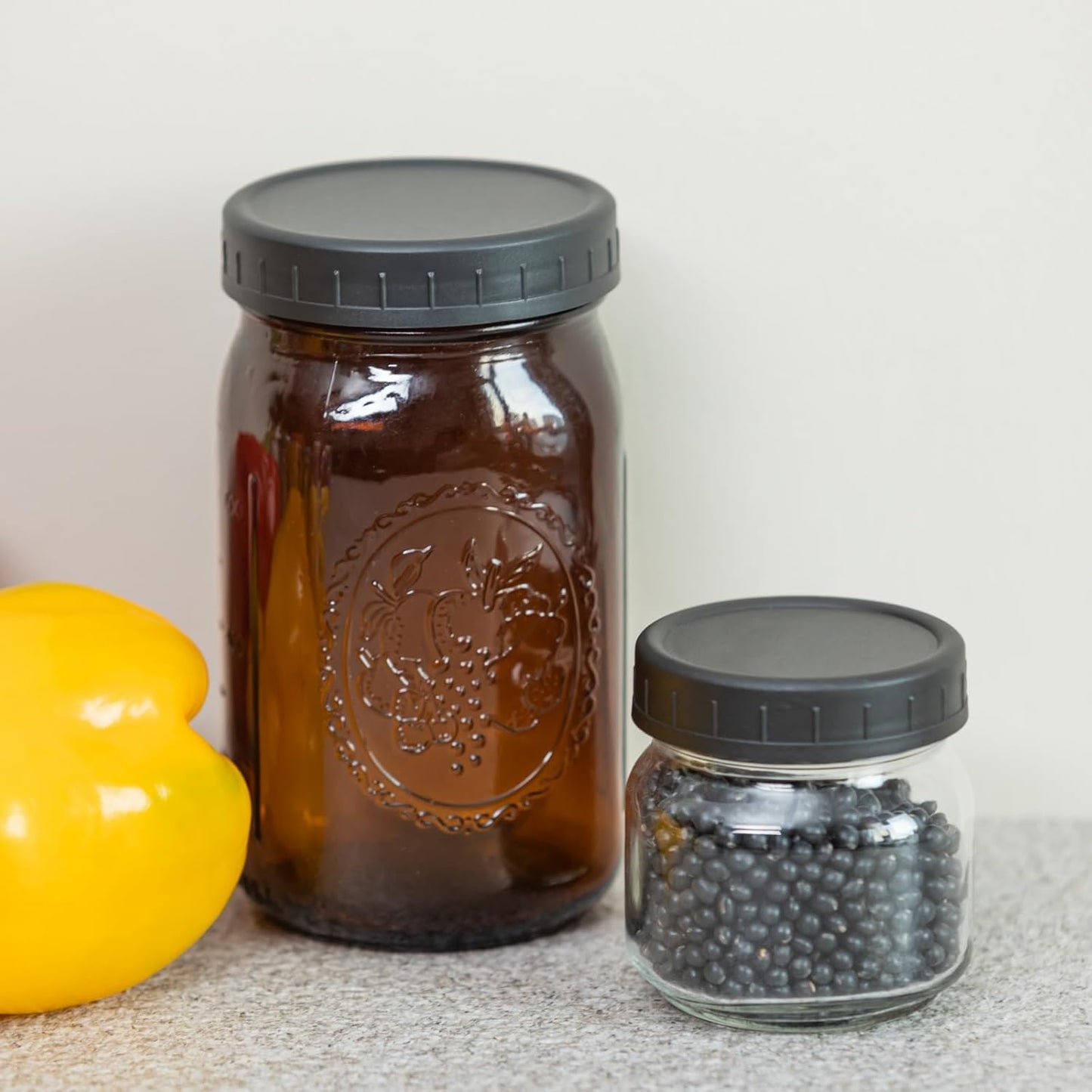 18 Black Mason Jar Lids Set - 9 Wide Mouth & 9 Regular Mouth, Leak-proof Plastic with Silicone Rings - Fits Ball, Kerr, 86mm & 70mm