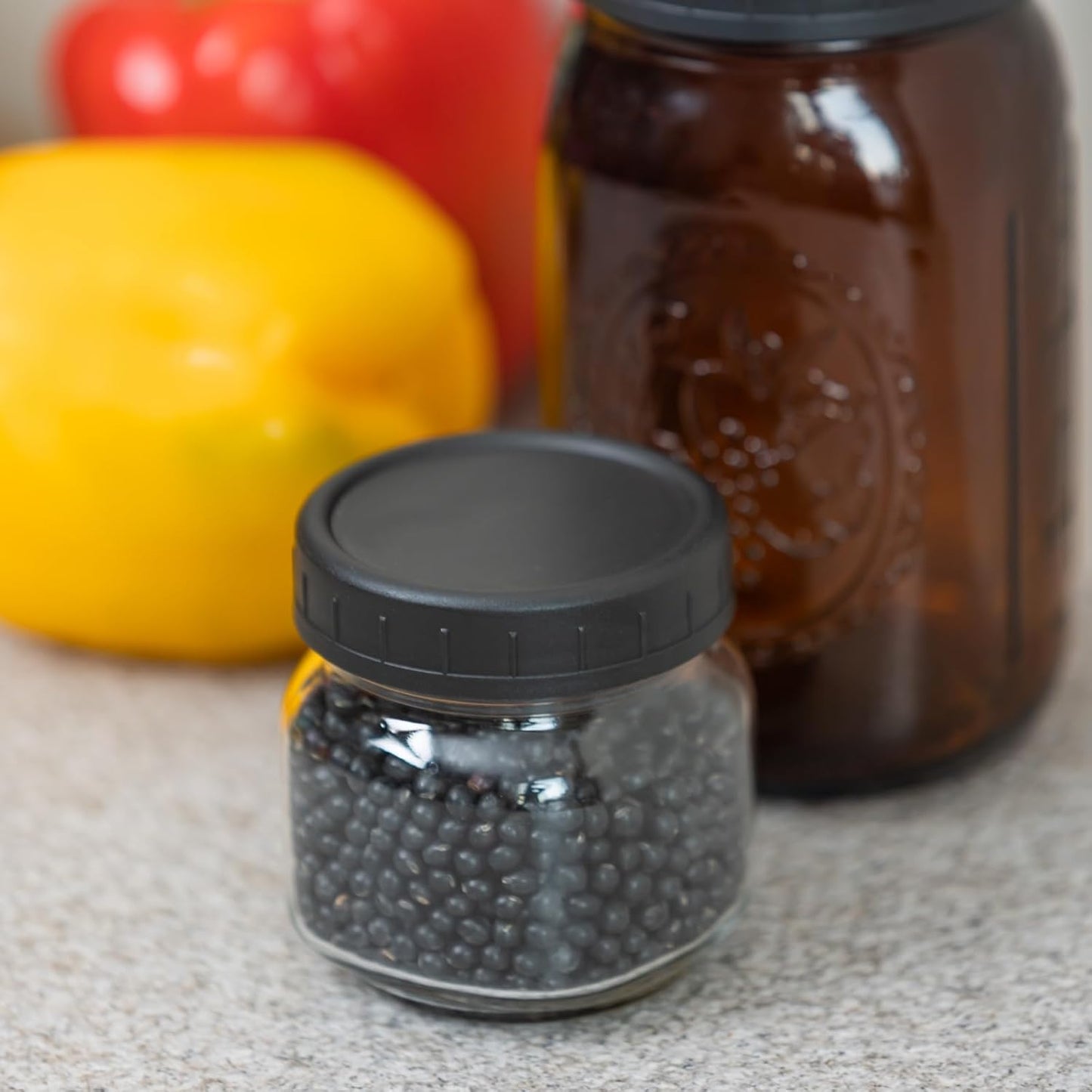 18 Black Mason Jar Lids Set - 9 Wide Mouth & 9 Regular Mouth, Leak-proof Plastic with Silicone Rings - Fits Ball, Kerr, 86mm & 70mm
