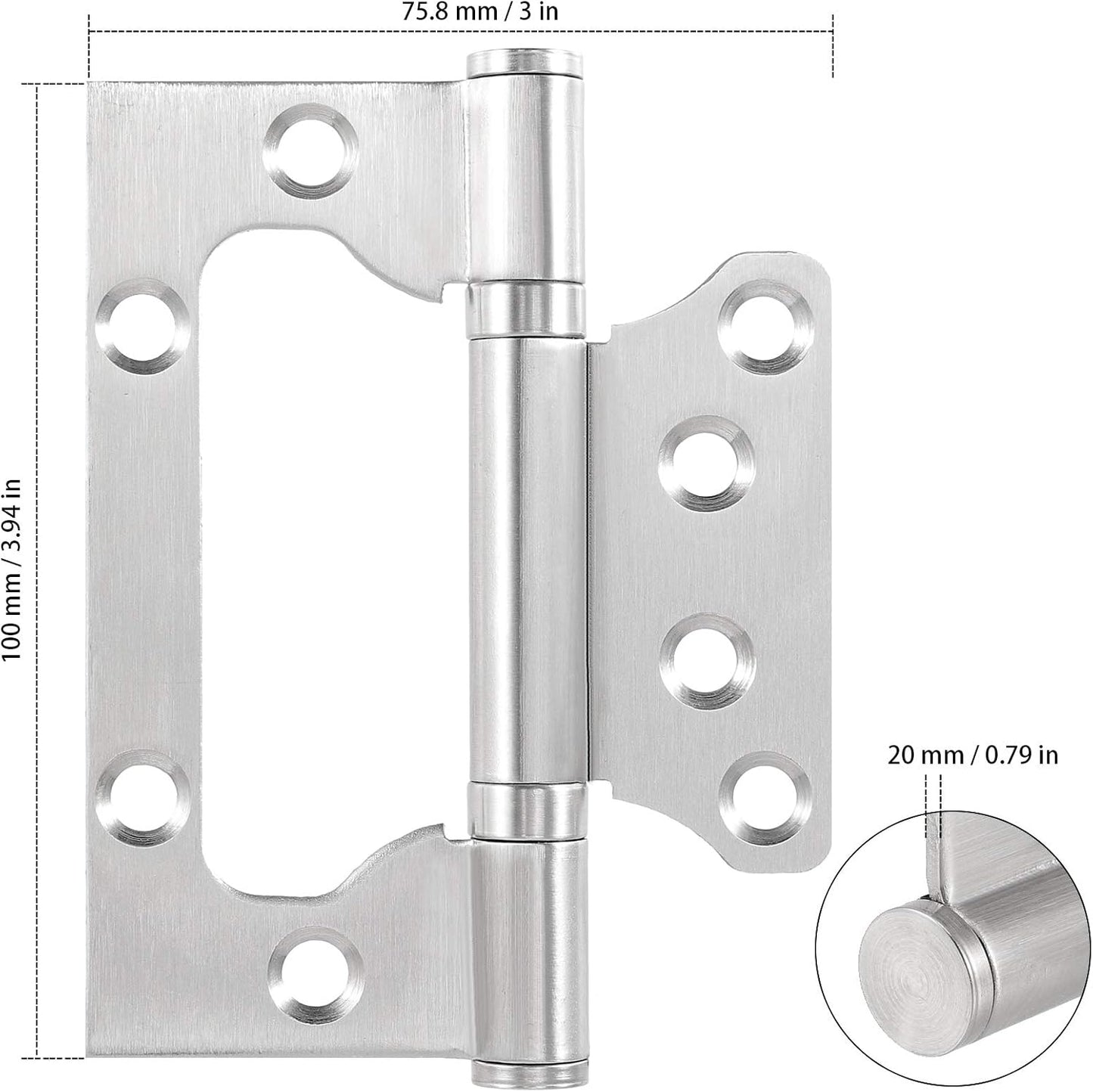 18 Pack 4 x 3 Inch Stainless Steel Non Mortise Door Hinges with Mounting Screws, Brushed Surface Silver Finish - 9 Pairs