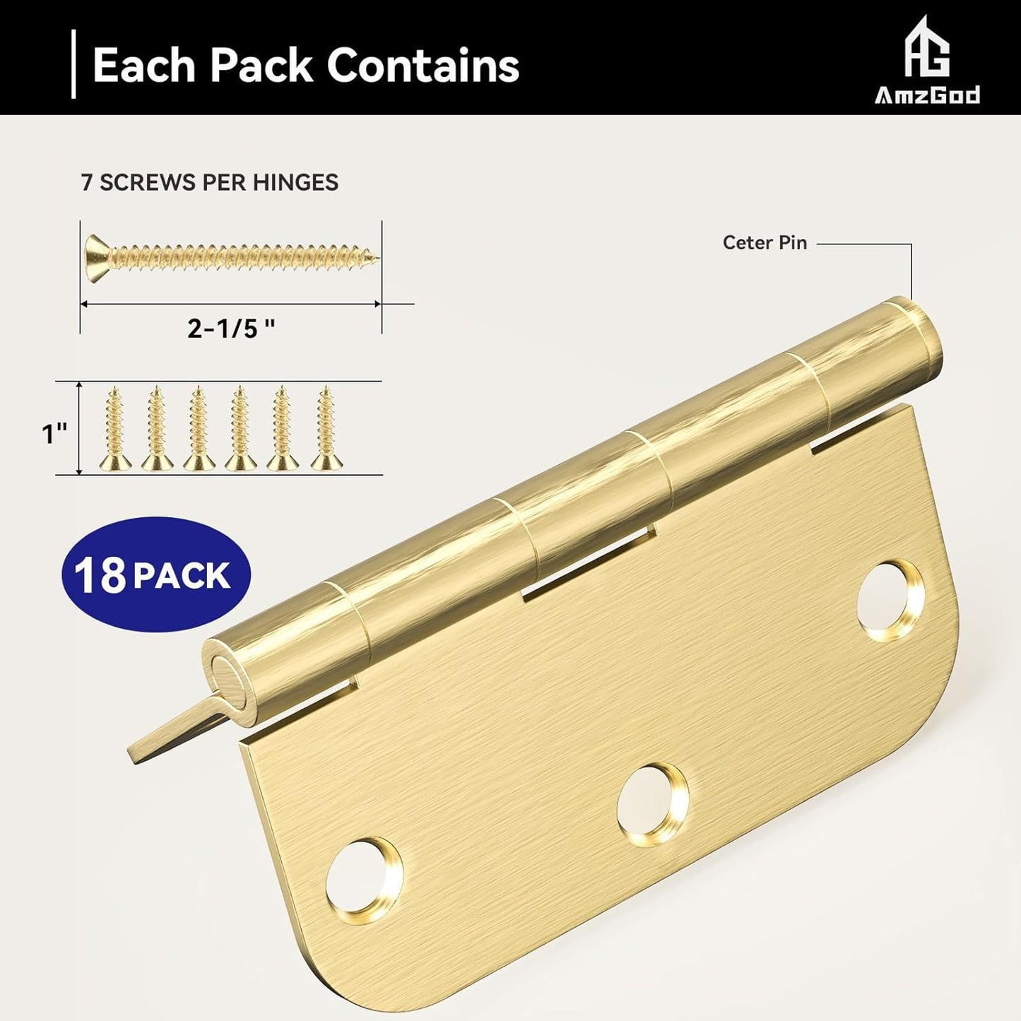 18 Pack Gold Satin Brass Door Hinges - 3.5 Inch Rounded Interior Hinges for Residential Doors