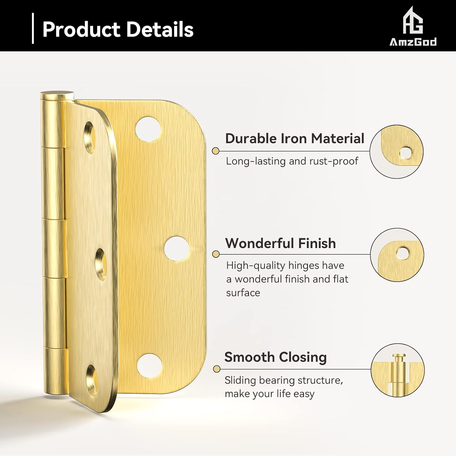 18 Pack Gold Satin Brass Door Hinges - 3.5 Inch Rounded Interior Hinges for Residential Doors