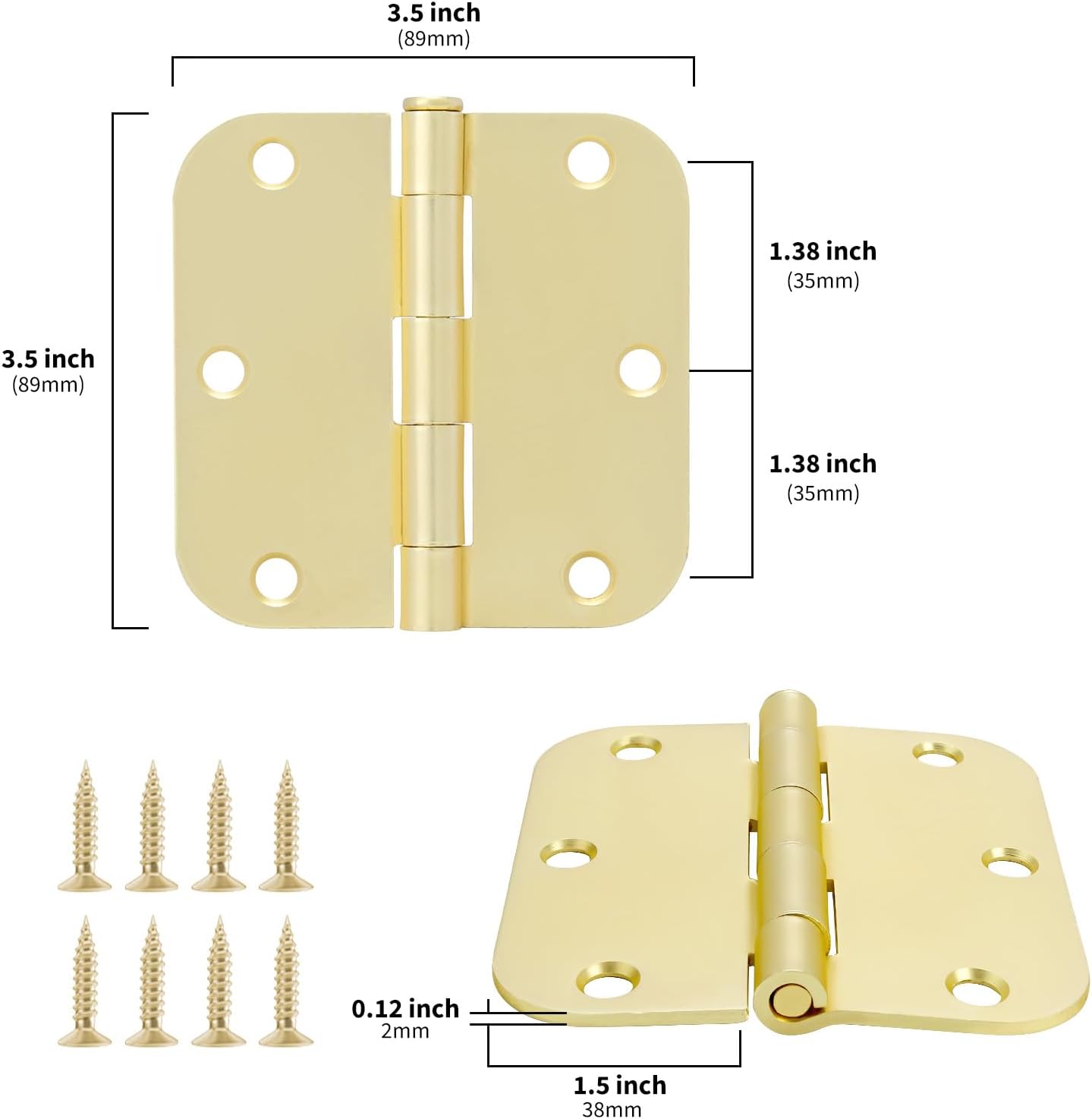18-Pack Goldenwarm 3.5" Polished Brass Door Hinges - 3.5x3.5" with 5/8" Radius Corners - Bright Gold Interior Hardware