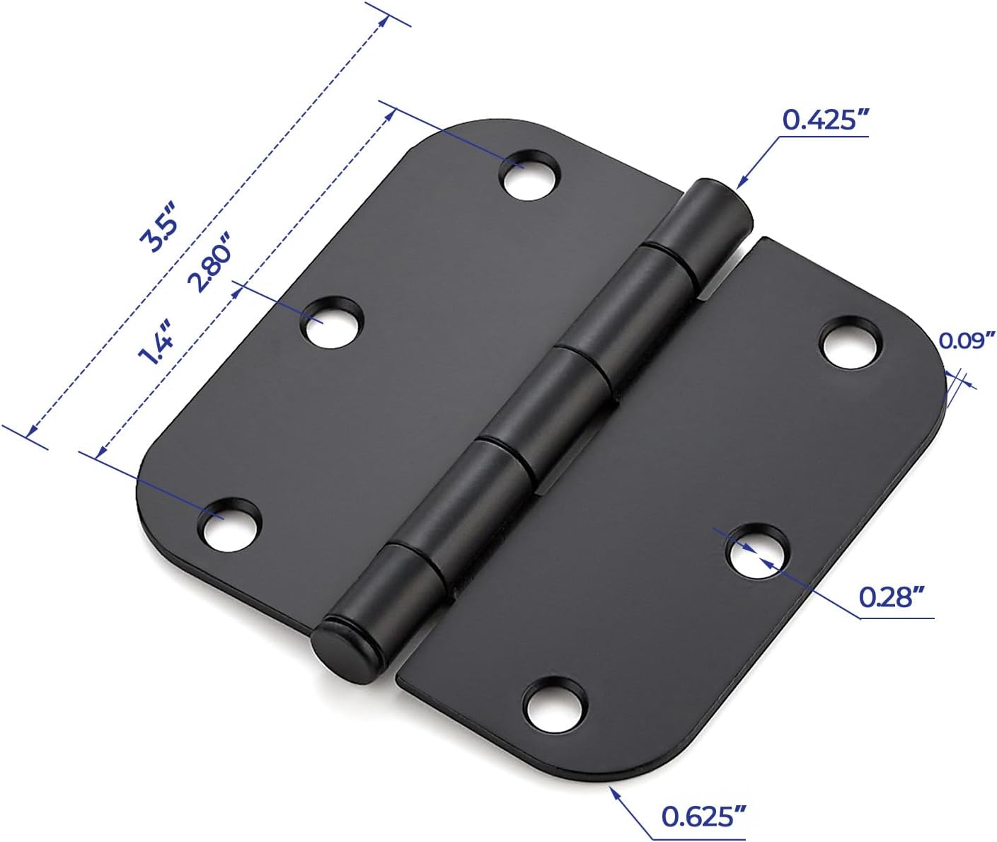 18 Pack Matte Black Door Hinges 3.5"x 3.5" with 5/8" Radius Corners - Steel Bifold Residential Standard Hinges for Interior Doors - WildKart