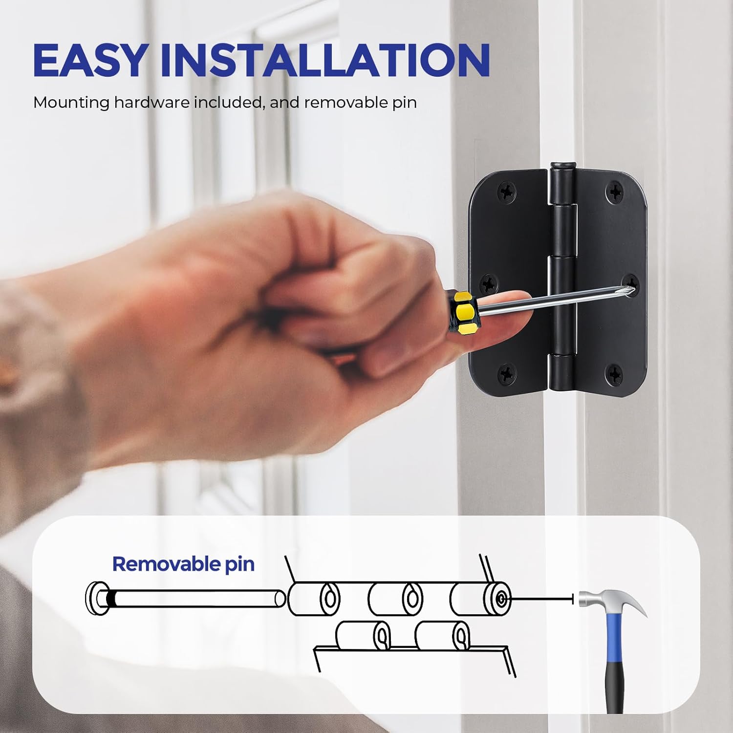 18 Pack Matte Black Door Hinges 3.5"x 3.5" with 5/8" Radius Corners - Steel Bifold Residential Standard Hinges for Interior Doors - WildKart